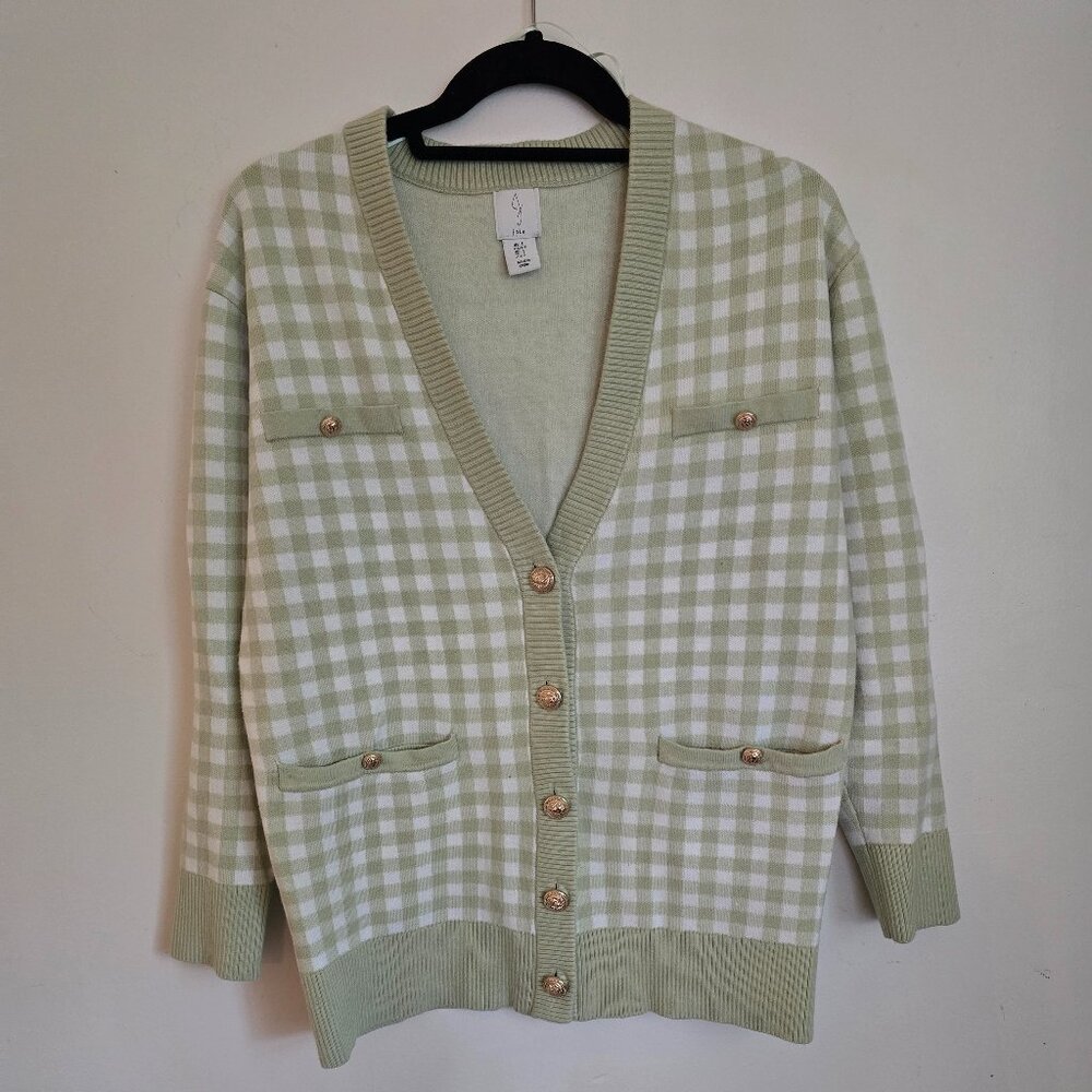 Women's Joie Green / White Checkered Cardigan Small Preppy Office Gold Buttons